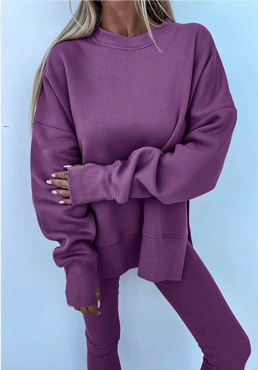 Solid Color Oversize Slit Sweatshirt Ribbed Leggings 2pcs Set