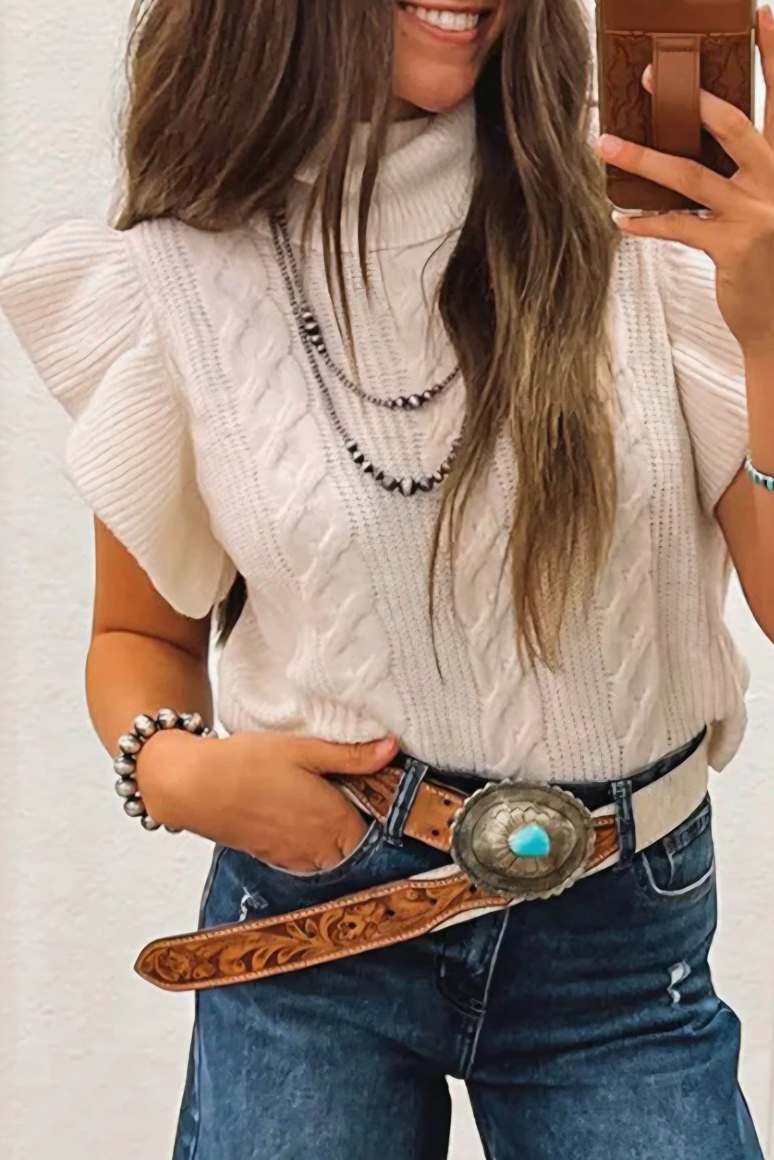 Cable Knit Ruffle Sleeve Knit