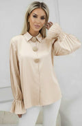 Melani Satin Pleated-Sleeve Brooch Button Shirt Blouse