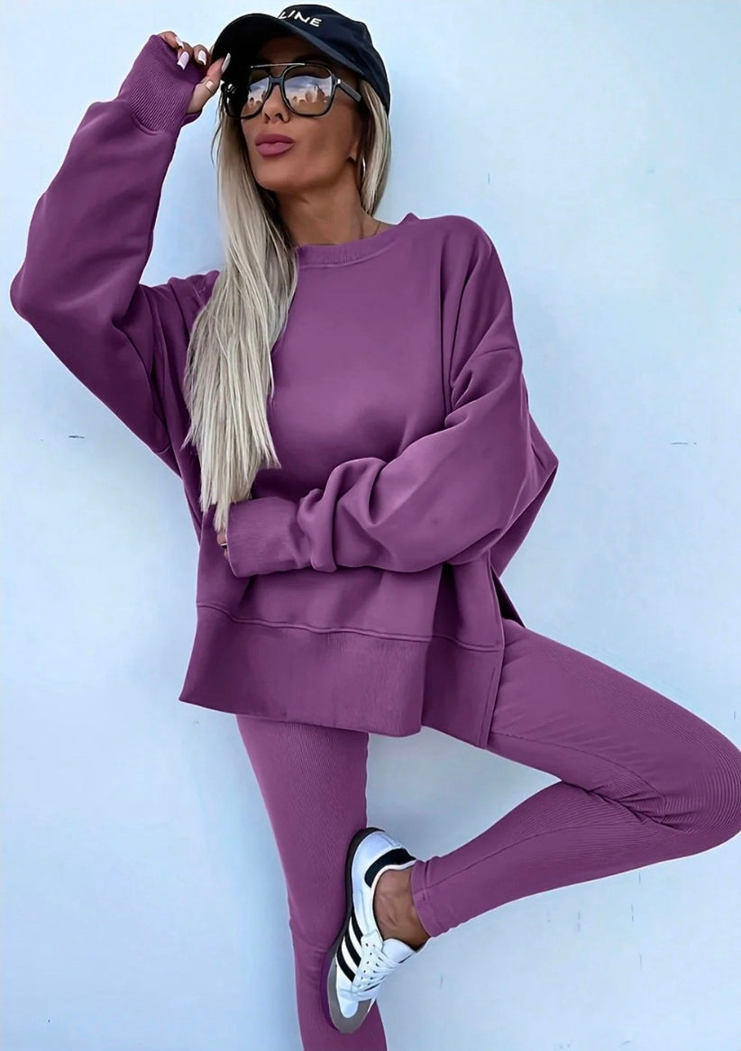 Solid Color Oversize Slit Sweatshirt Ribbed Leggings 2pcs Set