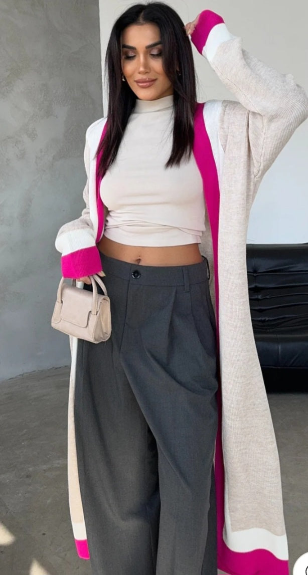 Beige & Fucshia longline knit