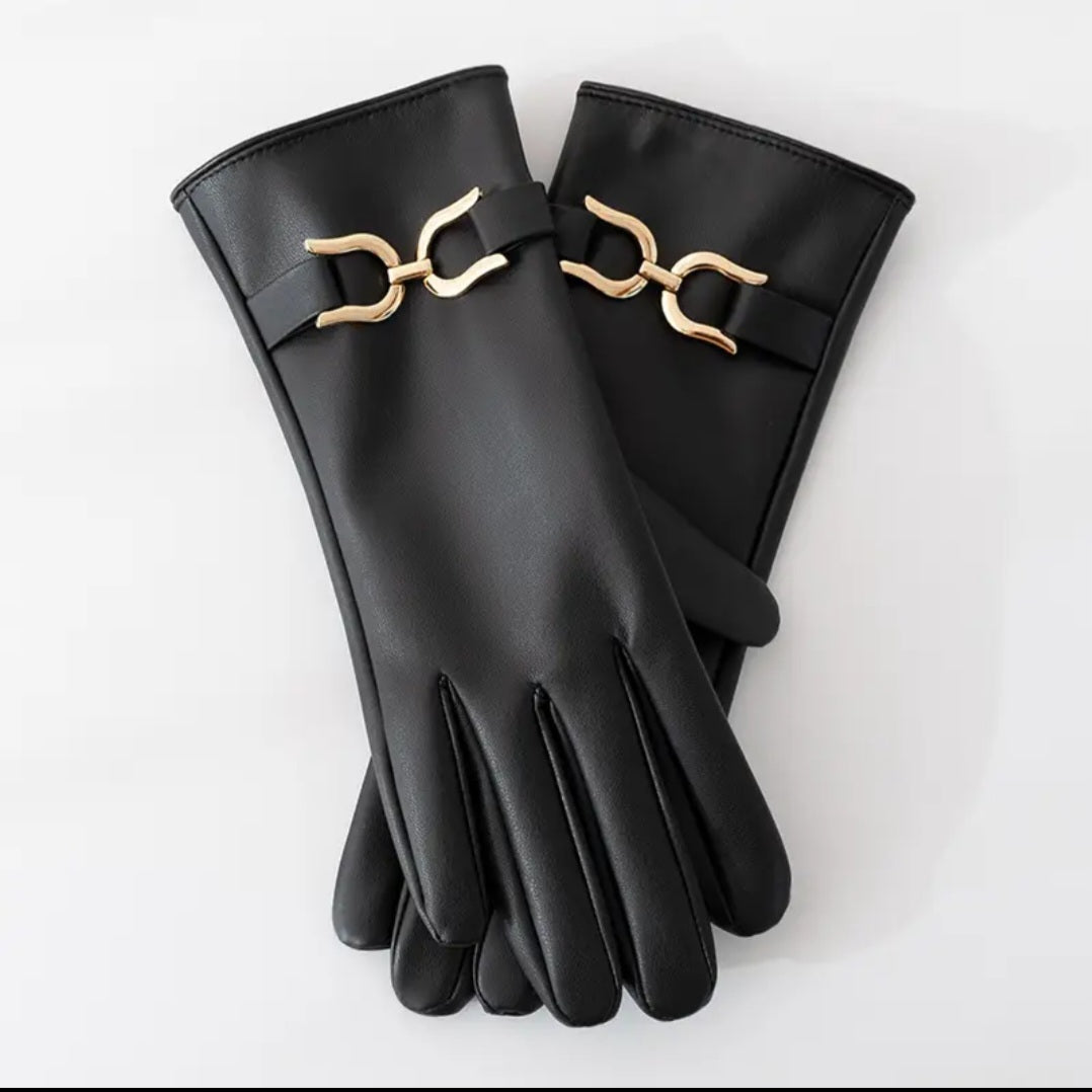 Faux Leather Gold Buckle Gloves