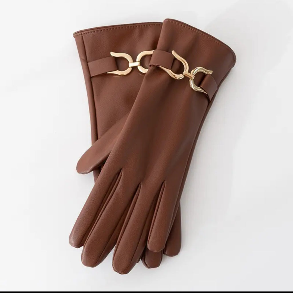 Faux Leather Gold Buckle Gloves