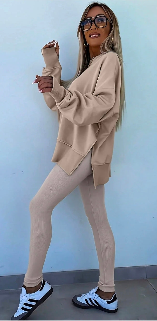 Solid Color Oversize Slit Sweatshirt Ribbed Leggings 2pcs Set