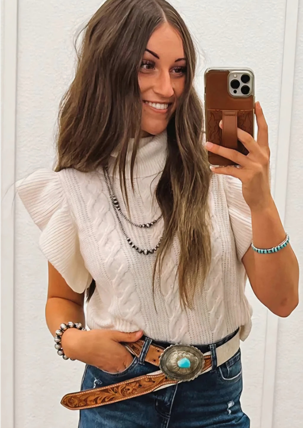 Cable Knit Ruffle Sleeve Knit