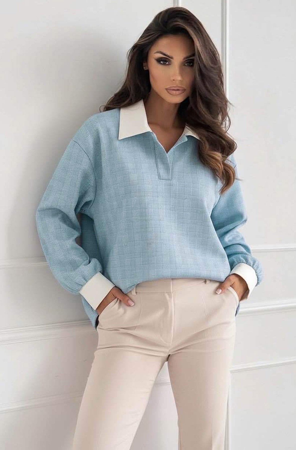 Oversized Contrast Check Blouse Top-Blue