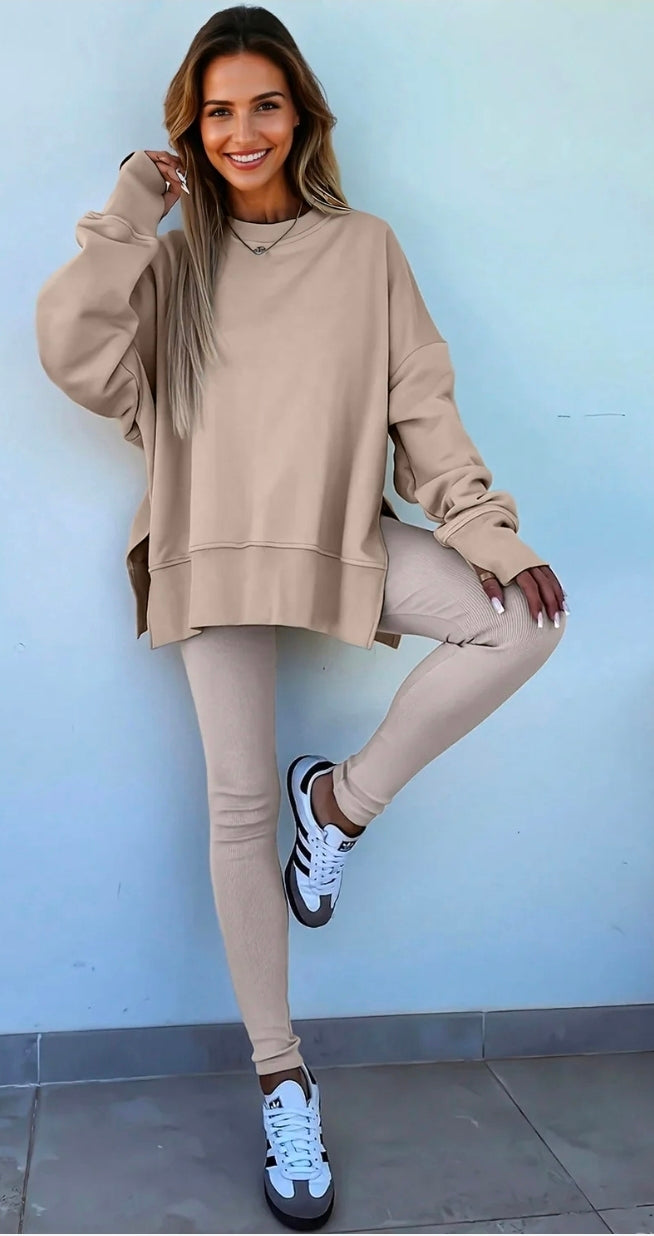 Solid Color Oversize Slit Sweatshirt Ribbed Leggings 2pcs Set
