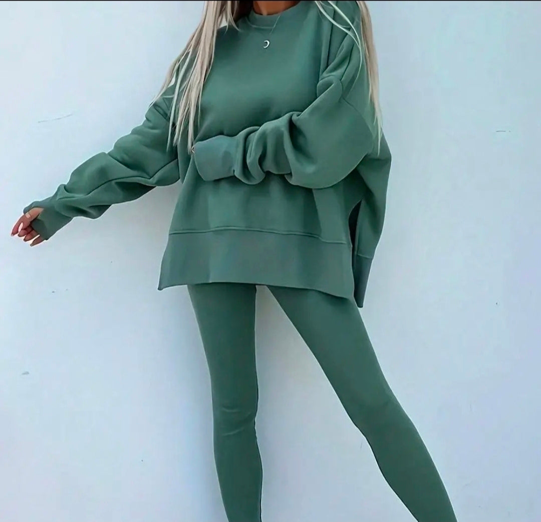 Solid Color Oversize Slit Sweatshirt Ribbed Leggings 2pcs Set